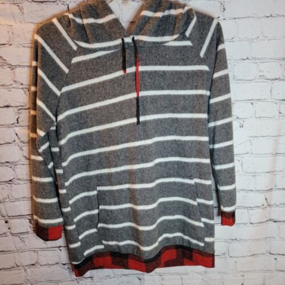Beeson River, Gray Stripe Hooded Top, Size L, Red Plaid accent in Hood and Hem